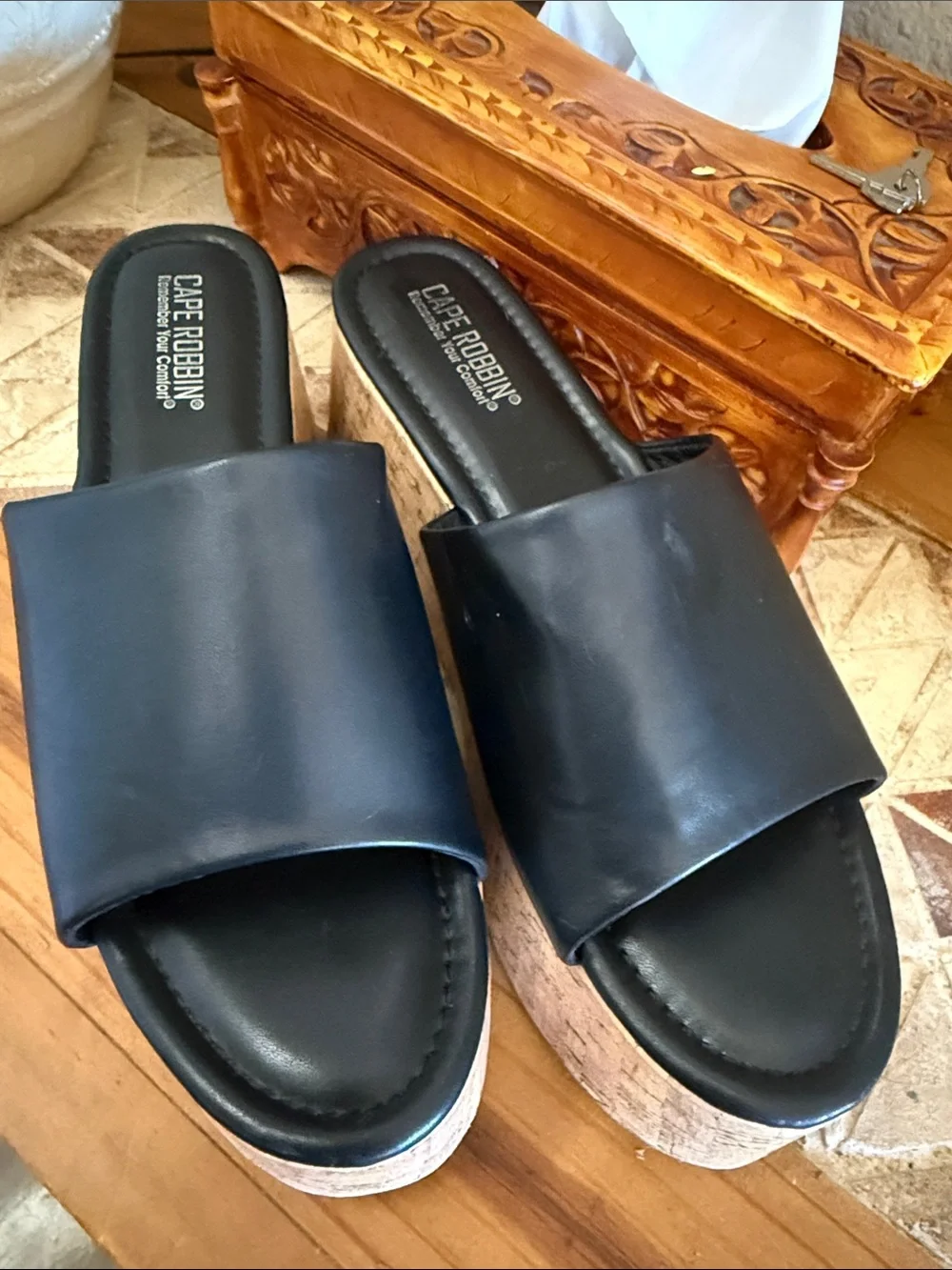 Cape Robbin Black Slide Platform Sandals with Cork-Style Sole
